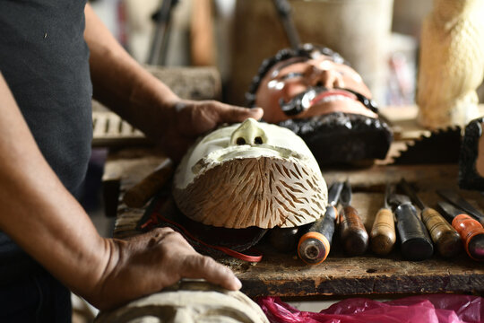 Closeup of traditional mask in a workshop in tuxpan Jalisco Mexico