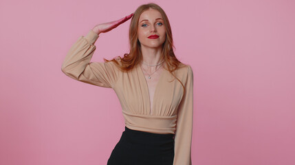 Yes, Sir. Subordinate responsible serious brunette girl giving salute listening to order as if...
