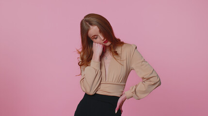 Tired businesswoman girl in beige blouse yawning, sleepy inattentive feeling somnolent lazy bored gaping suffering from lack of sleep. Young adult woman isolated alone on pink studio background