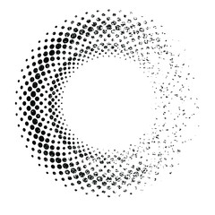 Grunge halftone dots in Circle Form . Spiral Vector Illustration .Textured round Logo . Design element . Abstract Geometric circular shapes .Rotating grunge radial line. Concentric circles