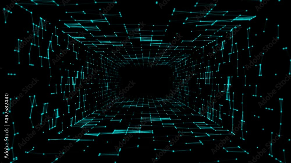 Poster animated logo frame, icon. design a moving mosaic tunnel. texture of glowing neon connecting lines, 