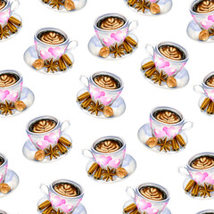 Watercolor coffee seamless pattern. A hand-drawn cup with cappuccino, a stick of cinnamon, a piece of sugar and Indian spice star anise. Cute watercolor wallpaper for drinks.