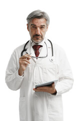 Portrait of confident caucasian medicare man in gown suit uniform with stethoscope and tablet stand over white background and looking toward to camera.