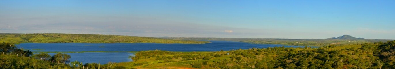 Panoramic landscape of the lake of Barragem da Pedra do Cavalo. The waters dammed by the dam of Pedra do Cavalo, created a lake formed by the rivers Jacuípe and Paraguaçu. Bahia Brazil