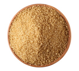 Brown crystal cane sugar pile isolated on white, top view