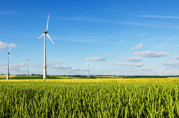 Wind Park in an agricultural area in the middle of Germany, North Rhine-Westphalia near Bad Wuennenberg, Panorama