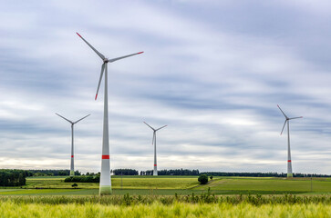 Wind Park in an agricultural area in the middle of Germany, North Rhine-Westphalia near Bad...
