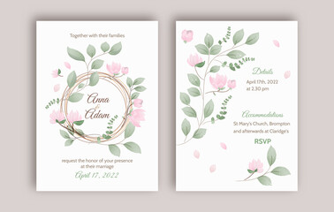 Fototapeta na wymiar Wedding invitation card background in rustic style with watercolor flowers (magnolia) and botanical leaves.