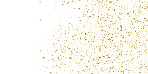 Golden glitter confetti on a white background. Illustration of a drop of shiny particles. Decorative element. Luxury background for your design, cards, invitations, gift, vip.
