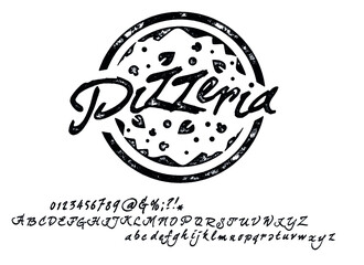Hand drawn pasta and pizza menu for bars font. Delicious food from Italy, spaghetti, pizza cheese wine inspired typeface.