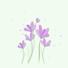 Floral composition with purple crocus flowers "Spring season" for wallpaper, cover, notebook and poster. Abstract floral wall art. Wall decor set with flowers and leaves.