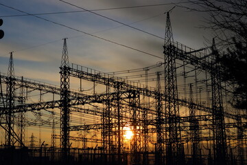 変電所と電線と空　夕日のシュルエットSubstation, electric wires and sky Sunset silhouette
