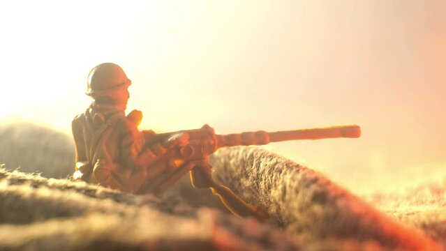 A toy soldier machine gunner in a trench with a flashing red light is enveloped in smoke