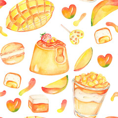 Watercolor mango set. Watercolor mango seamless pattern. Summer seamless pattern with mango desserts, sweets, pudding. Tasty watercolor design. Summer fruits. Fresh mango pastry.
