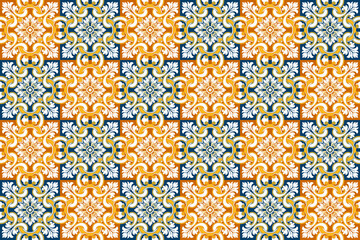 Seamless pattern with portuguese tiles. Vector illustration of Azulejo on white background. Mediterranean style. Multicolor design.