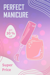 Manicure poster  design. Nail Salon hand drawn doodles  illustration.   jar of varnish with text and texture. flair sale.