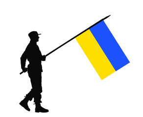 Ukrainian patriot soldier with flag defends country vector silhouette illustration isolated. Ukraine flag warrior on duty protect borders. Anti war conflict action. Military war action in Ukraine.