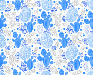 Vector seamless pattern with cactus on white background. Summer plants, flowers and leaves. Natural floral bright design. Botanical illustration. © monamonash