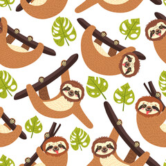 Seamless background with Sloth on the branch. Vector illustration of leaves and cute bear on white . Floral and animal pattern.