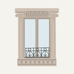 Flat vector illustration with traditional Paris window. Postcard from France. Architecture elements clipart.