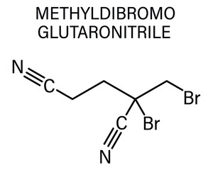Methyldibromo glutaronitrile preservative molecule. Common allergen causing allergic contact dermatitis. Skeletal formula.