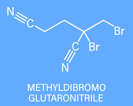 Methyldibromo glutaronitrile preservative molecule. Common allergen causing allergic contact dermatitis. Skeletal formula.