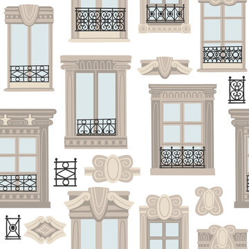 Flat vector illustration with traditional Paris window. Seamless pattern. Postcard from France. Architecture elements clipart. Background with french facade.