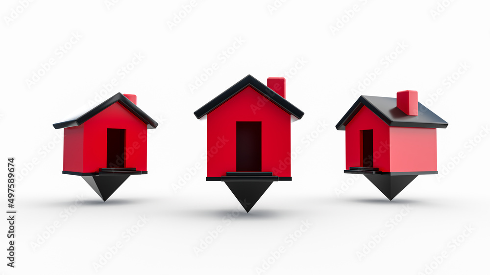Aufkleber 3d rendering of three red and black house map pointers on a white background