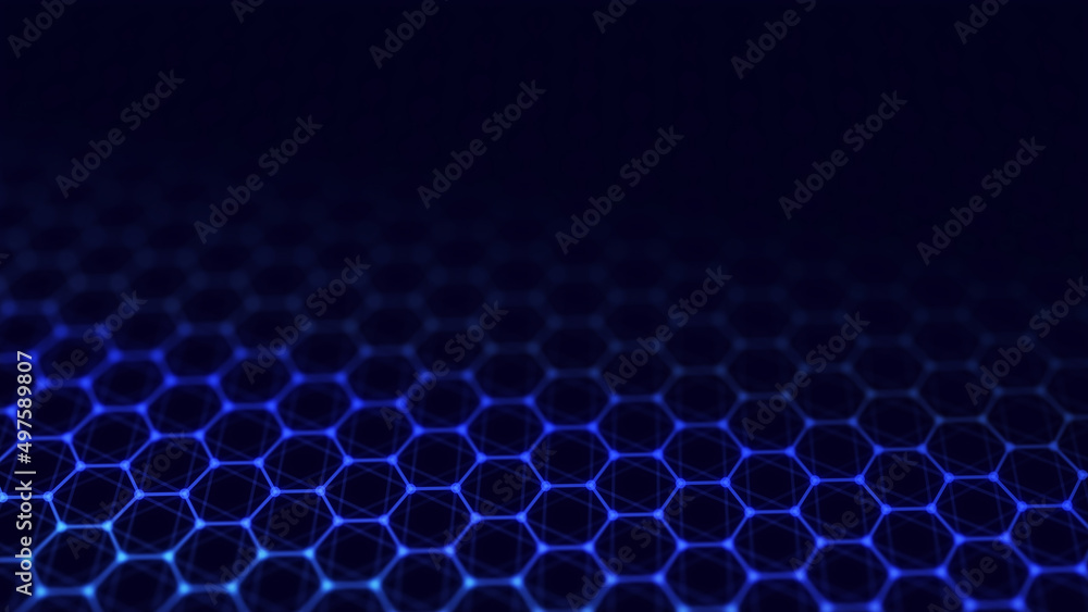 Poster Dynamic particles wave. Blue hexagons on black background. Digital landscape. 3d rendering. Futuristic hexagon illustration. HUD element.