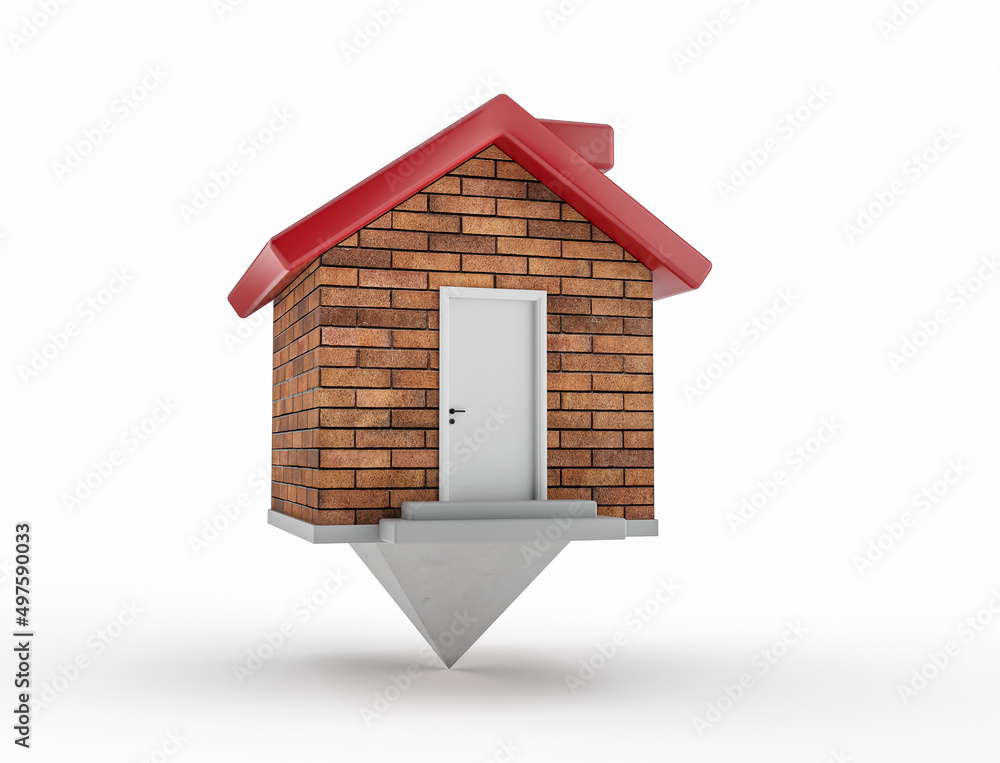Poster 3d rendering of a brick house map pointer with red roof and chimney isolated on a white background