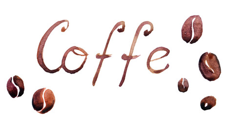 the word coffee laid with watercolor brown letters on white background surface covered with roasted coffee beans - full frmae view