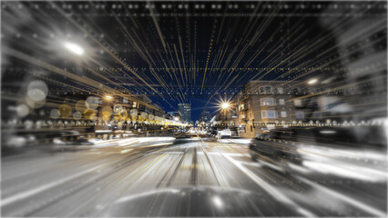 Driving city streets at night with blurred motion and grid pattern