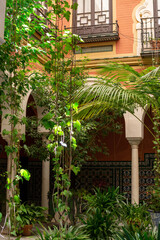 Old historical Andalusian town Seville, Spain. View on architectural details of buidings.