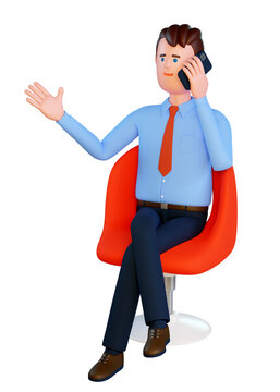 3D man speaks on the phone while sitting in a red chair. Businessman with smartphone. 3d illustration. 3d render.