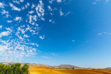 Andalusian landscape with yellow hills and blue sky with high white clouds