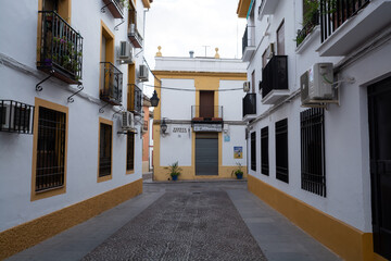 View on old part of Cordoba, San Basilio quarter with white houses and flowers pots