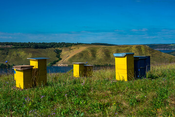 Landscape of beautiful River Dniester with Rocky Mountains in Bakota, Ukraine. Summer view with yellow wooden beehives in a row