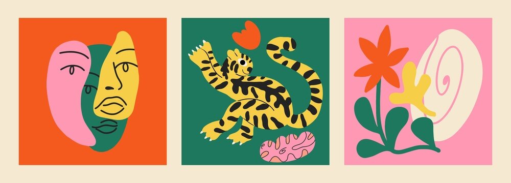 Hand drawn Abstract shapes, poster set. Vector illustrations, cartoon style, flat design. All elements are isolated. Square posters, logo templates.