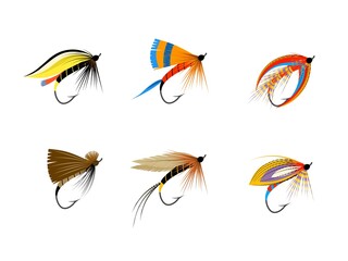 Fototapeta na wymiar Flying fishing bait collection, isolated on a white background, vector illustration.