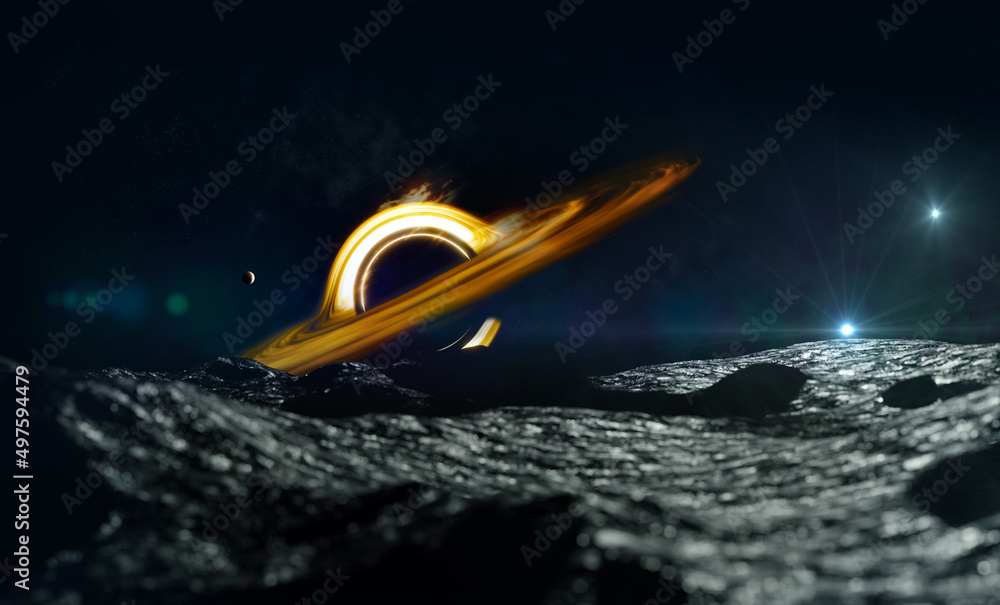 Poster black hole and stars and cloud fields in outer space
