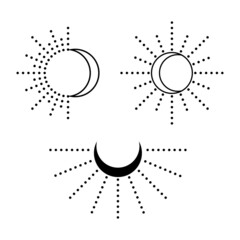 Sun and moon set. Simple graphic style. Black objects isolated on white background.