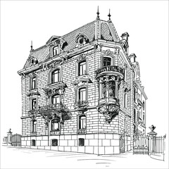 Obraz premium A quick pencil sketch of a classic Victorian brick building with wrought iron gates to the courtyard.