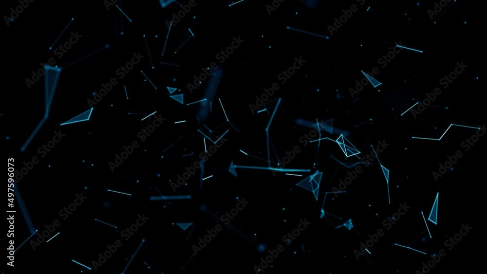 Poster Animation of the movement of chaotic particles. A pattern of glowing neon connecting lines, triangles, dots. Outer space. Shards of glass. Destroyed plexuses. 3d rendering. Alpha channel. 4k
