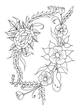 Hand-drawn flowers and leaves are isolated on white. Tattoo design, coloring page, wedding decoration, monochrome vector line art a lovely floral creation in the style of the past