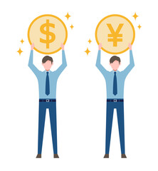 お金を入手した男性　ドル　円　会社員　人物　フラットイラスト　Rich man avatar