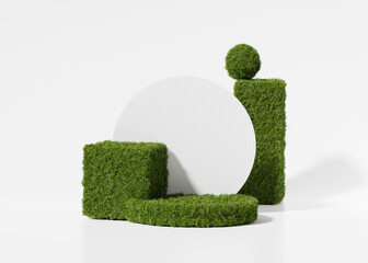 3D display podium white background with natural green grass and sun shadow. Nature minimal pedestal, beauty, cosmetic product presentation. Spring, summer landscape banner template 3d render.	