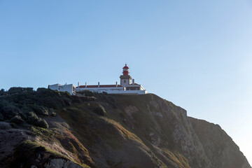 Cabo da Roca, a tourist attraction and limit of continental Europe, the westernmost point of Europe, with the lighthouse in the background