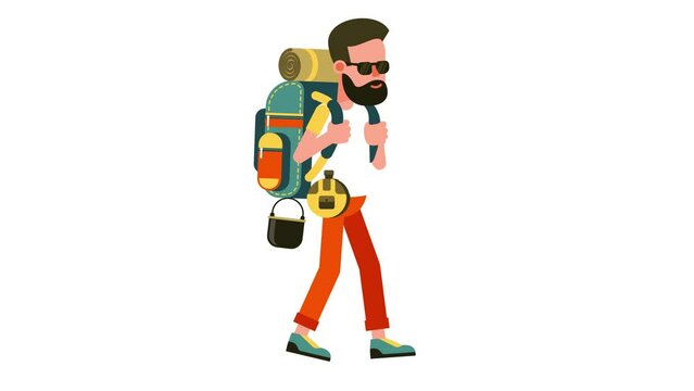 Tourist hiker with backpack walking. Cartoon Backpacker on a hike animation.