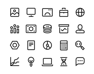 Business line icon. Money finance outline symbols. Vector laptop cash graph coins document diagram message pictogram set