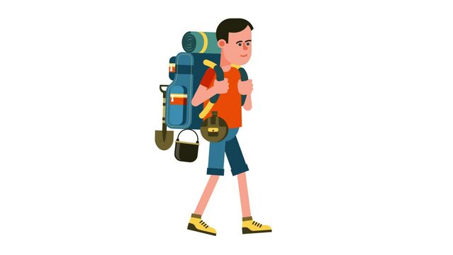 Cartoon tourist with big tourist backpack. Hiker man goes on hiking trip. Looped animation with alpha channel.